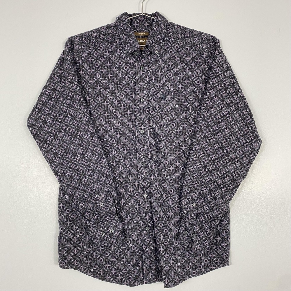 Ariat Shirt Mens Medium Gray Stretch Geometric Long Sleeve Button Down‎ Western